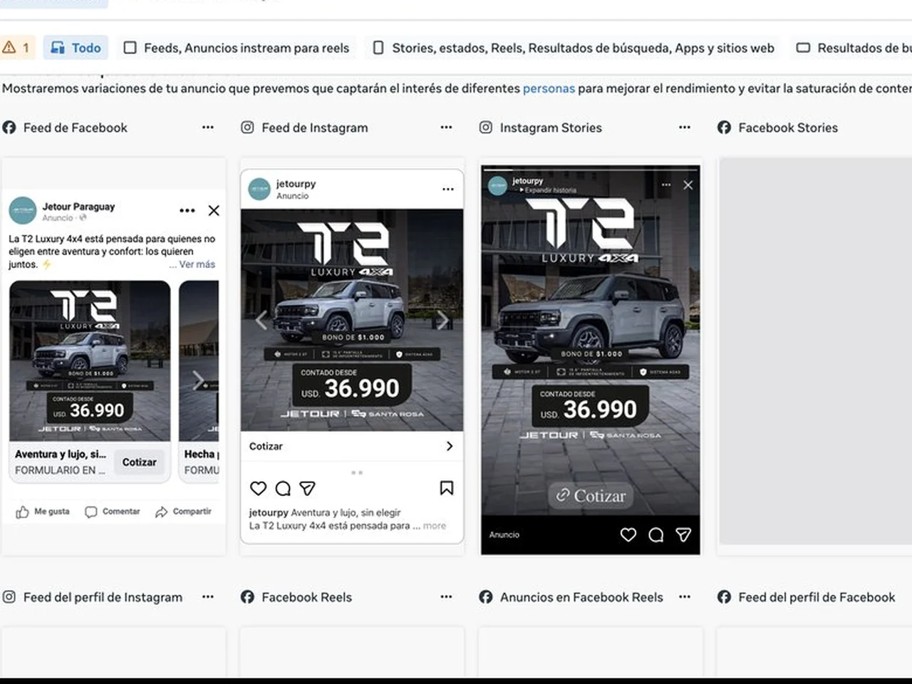 Anuncio de Jetour corriendo en Facebook e Instagram