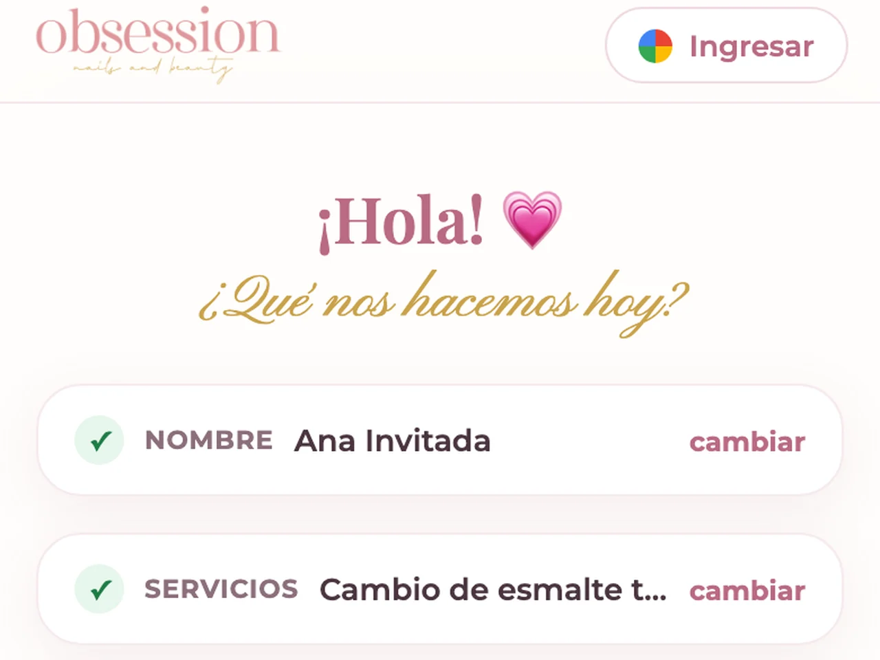 Pantalla de reserva para el cliente final